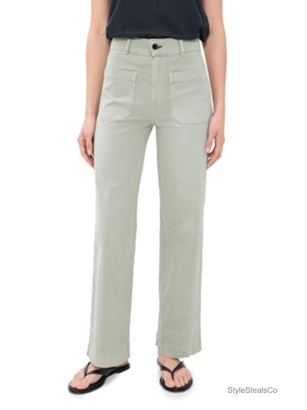 High Rise Wide Leg Sailor Twill Pants Flat Front Button Zip Fly